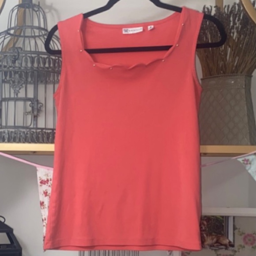 TANK TOP STUDDED SCALLOPED NECK CORAL WEAR TO WORK PROFESSIONAL FALL WINTER